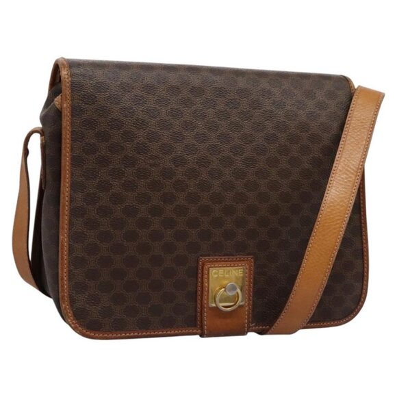 CELINE Macadam Canvas Shoulder Bag PVC Leather Brown Gold Auth BD871 - Picture 1 of 16